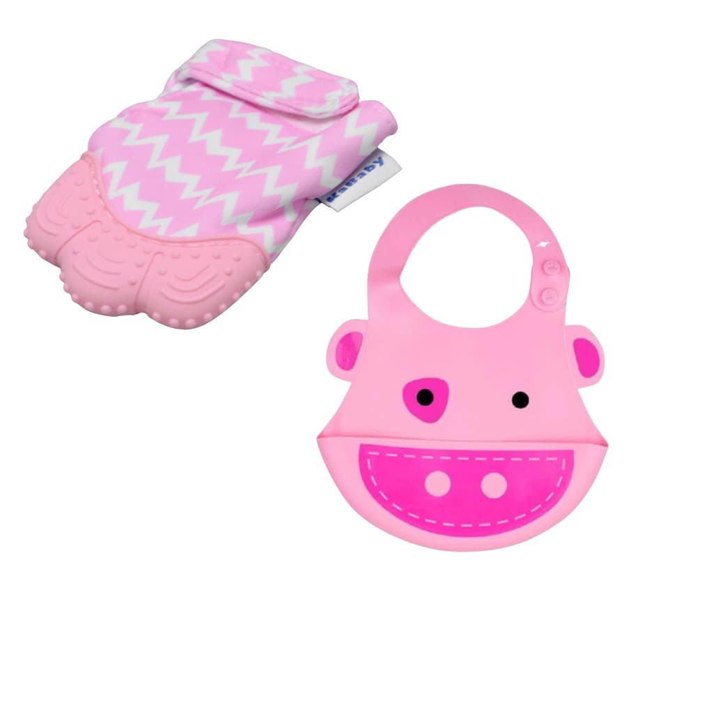 Kit Babador Silicone Porquinho Rosa + Mordedor Luvinha Rosa p/ Bebê Kababy