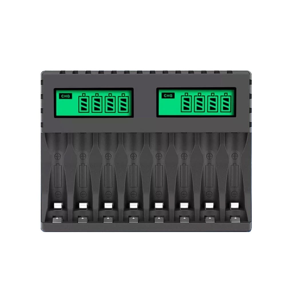 Carregador Para Até 8 Pilhas AA e AAA Normal e Palito Carrega Plug USB-C Visor LCD Pujimax PJ-LCD006 Ni-MH