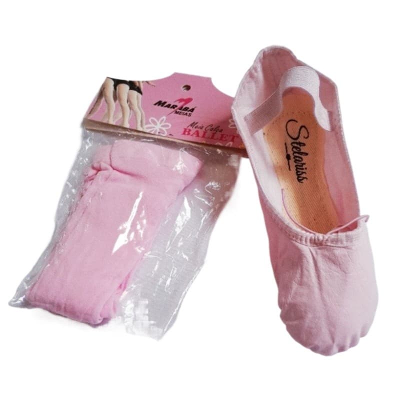 KIT. Sapatilha  ballet meia ponta em  Korino sola inteira + Meia Calça sem furo Fio 40 cor Rosa Infantil e Adulto