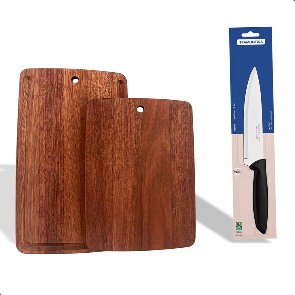 kit 2 Tabuas de madeira para cortar carne com faca inox tramontina
