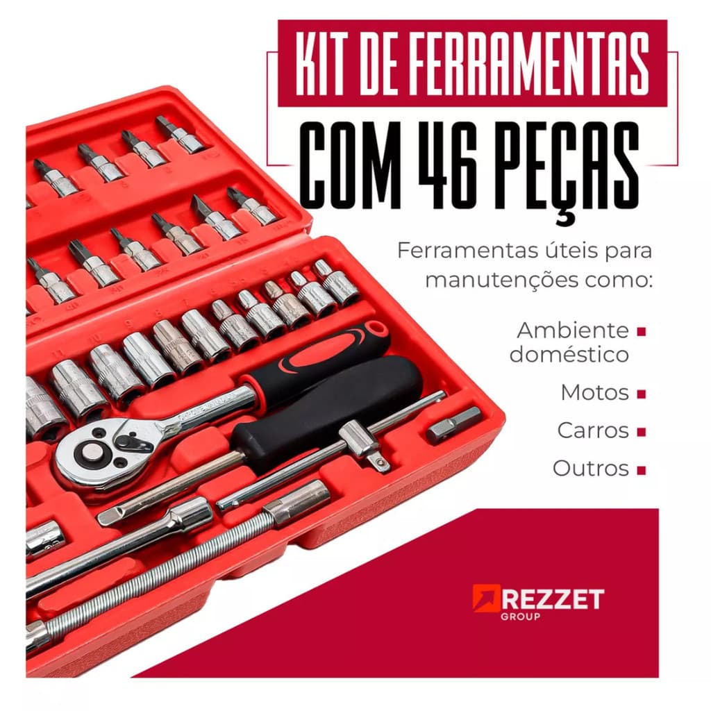 Maleta Jogo Conjunto Chave Catraca Reversível 46 Peças 1/4'' Soquetes resistente aço inox chave philips manutenção
