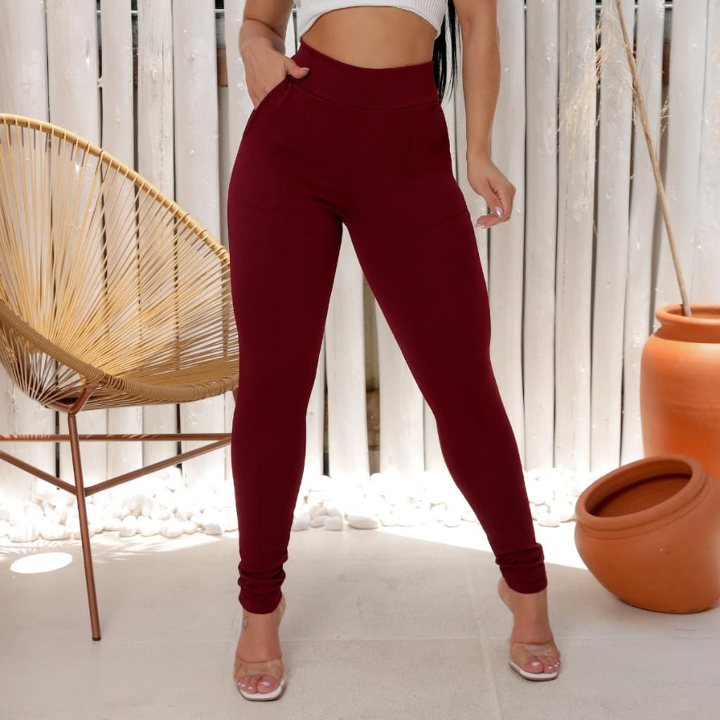 Calça Feminina Skinny Malha Crepe SEM Cinto Cintura Alta com Bolsos Detalhe frontal Costura Dupla
