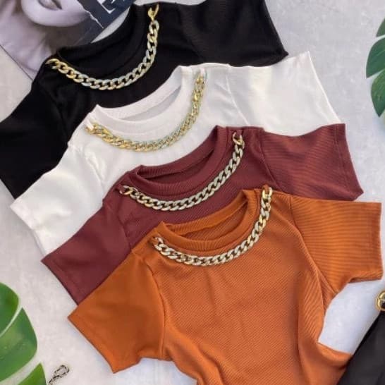 Blusa Cropped Feminina Canelada Com Corrente Premium