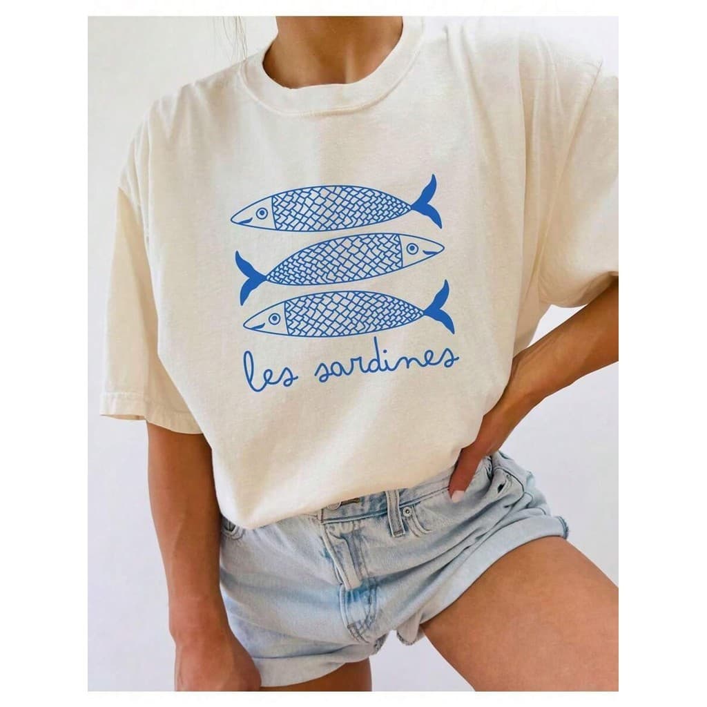 Camiseta Casual Feminina Manga Curta Gola Redonda Camisa Basica Estampa de Letra e Peixe