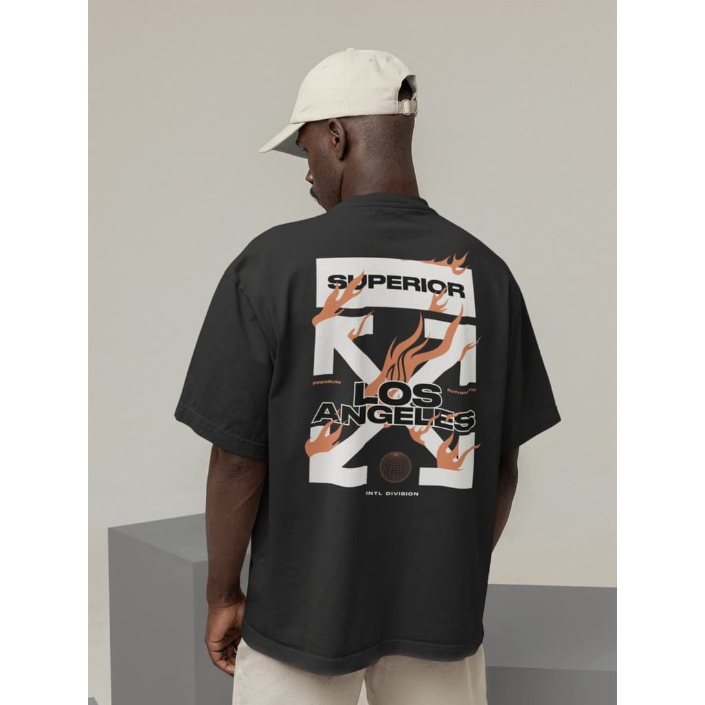 Camisa Camiseta Oversize Streetwear Masculino e Feminino  Treino e Dia a Dia Preto e Off Whte Estampado - LOS ANGELES
