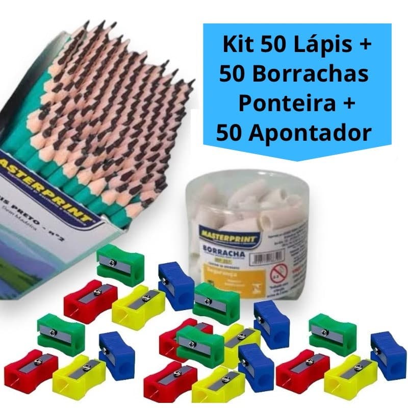 Kit 50 Lápis de Escrever + 50 Borracha Ponteira Branca + 50 Apontador simples Escolar Escola Estudo