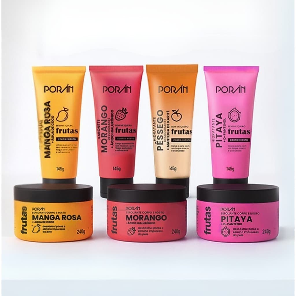 Kit 4 Itens Poran - Melancia Pitaya Morango Manga Rosa | Sabonete, Hidratante, Body, Esfoliante