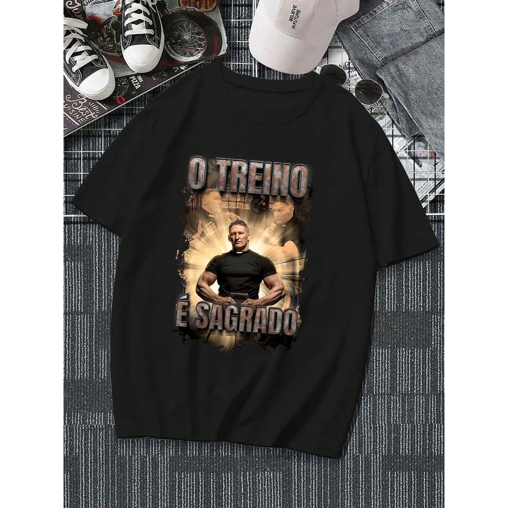 Camiseta Masculina Estampada Padre Fisiculturista Treino é Sagrado Unissex Algodão