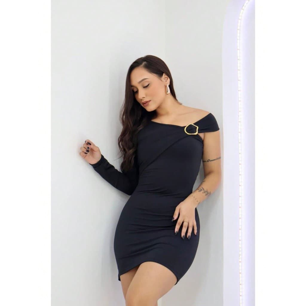 Vestido Feminino curto justo para festa para casamento fivela elegante ombro só manga longa Verão