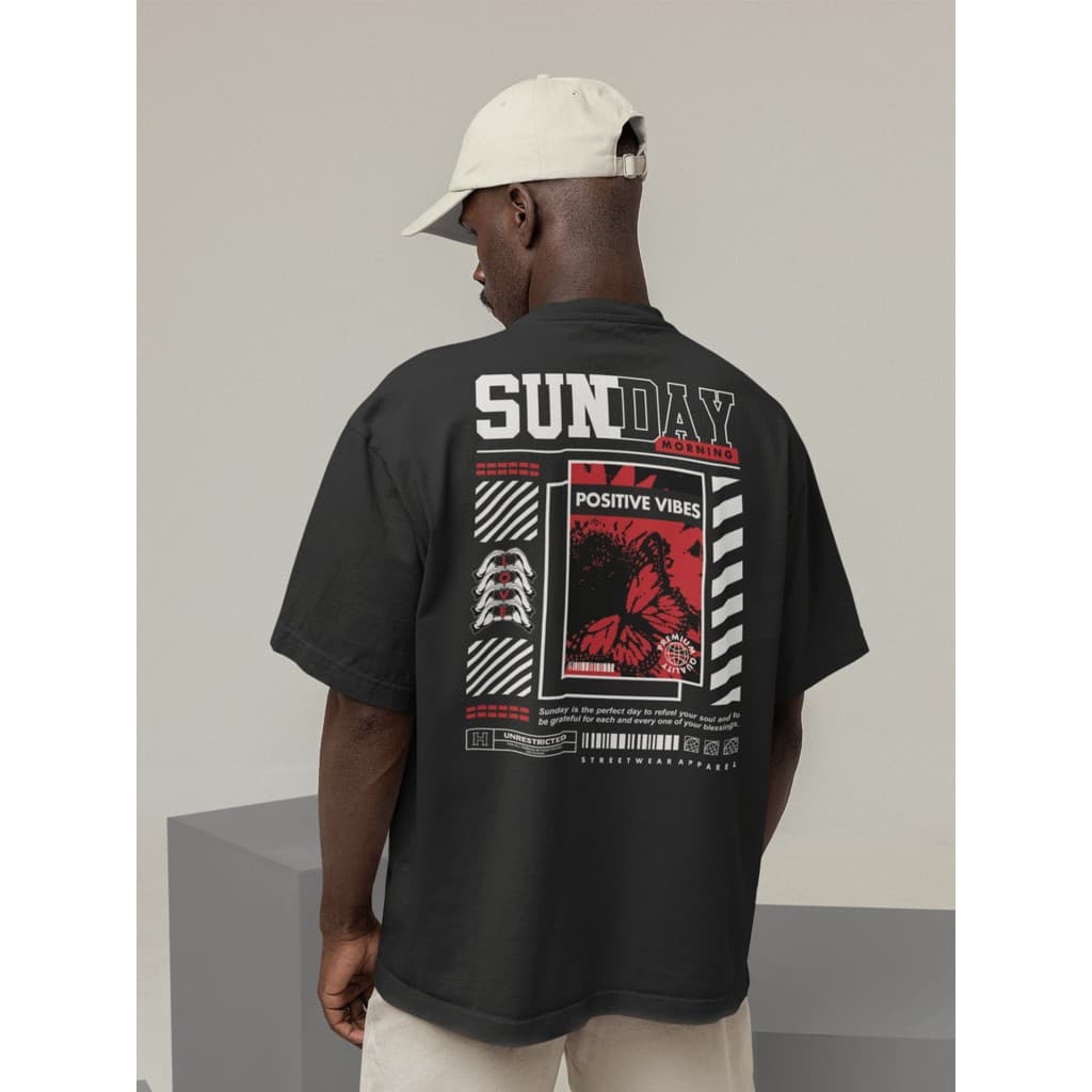 Camisa Camiseta Oversize Streetwear Masculino e Feminino Treino e Dia a Dia Preto e Off Whte Estampado - SUNDAY