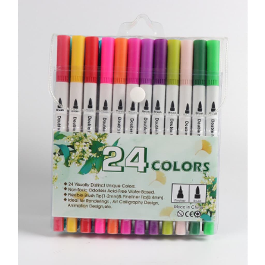 Caneta Brush Pen Kit Com 24 ou 12 Cores com ponta dupla pincel estilo brushpen e ponta fina-Promoção