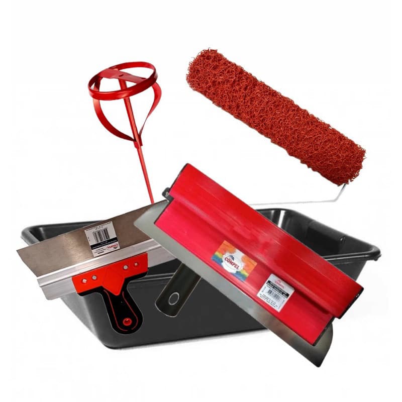 Kit Massa Corrida Rolada c/Desempenadeira/ Espátula 25cm/ Misturador/ Rolo 23cm / Caixa de Massa