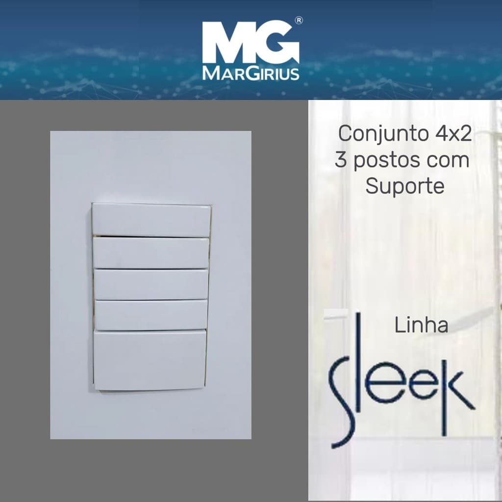 Conjunto 4x2 Interruptor com 5 Teclas simples Branco Sleek Margirius