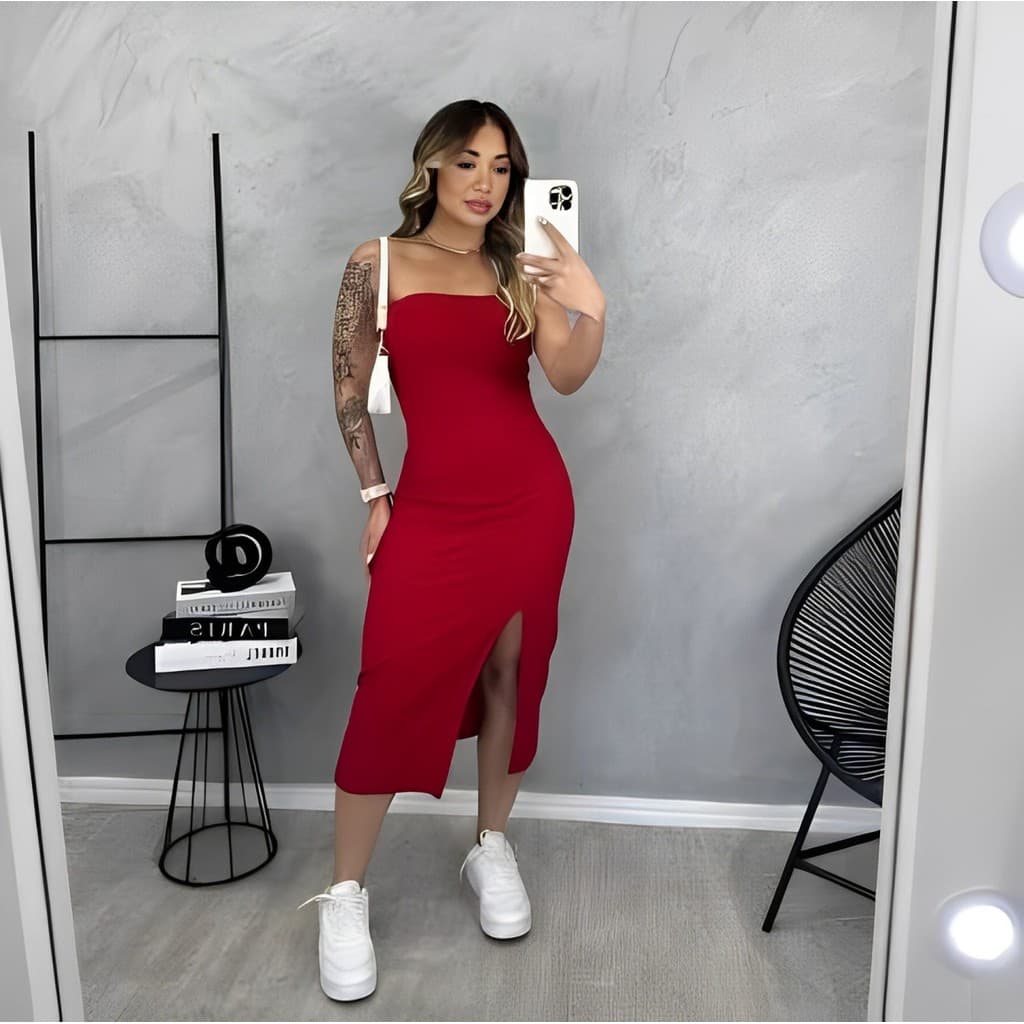 Vestido Feminino Tomara Que Caia Midi Com Fenda Mid Tubinho Canelado  Gringa Tendência Justo Colado Colorido
