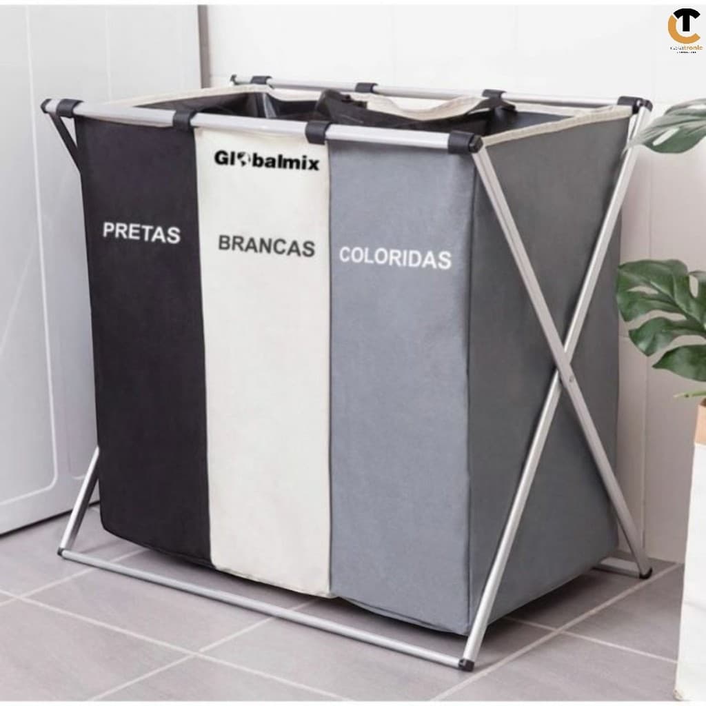 Cesto de Roupas Suja Dobrável 3 Compartimentos Ótimo Organizador Grande Premium