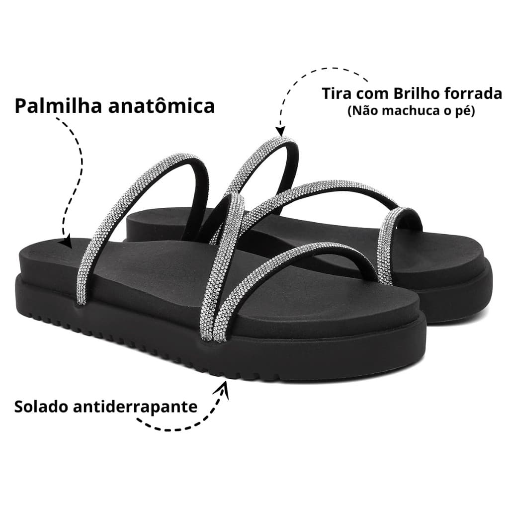 Papete Feminina Plataforma Brilho Sandália Moda Luxo Mulher 3 Tiras com Brilho Strass Forrada Tendência Envio Imediato