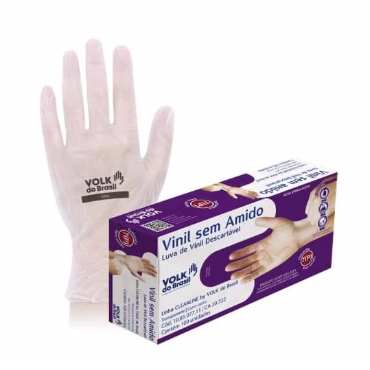 Caixa 100 Luvas Vinil Sem Amido Volk CA 20722 Descartável Proteção EPI