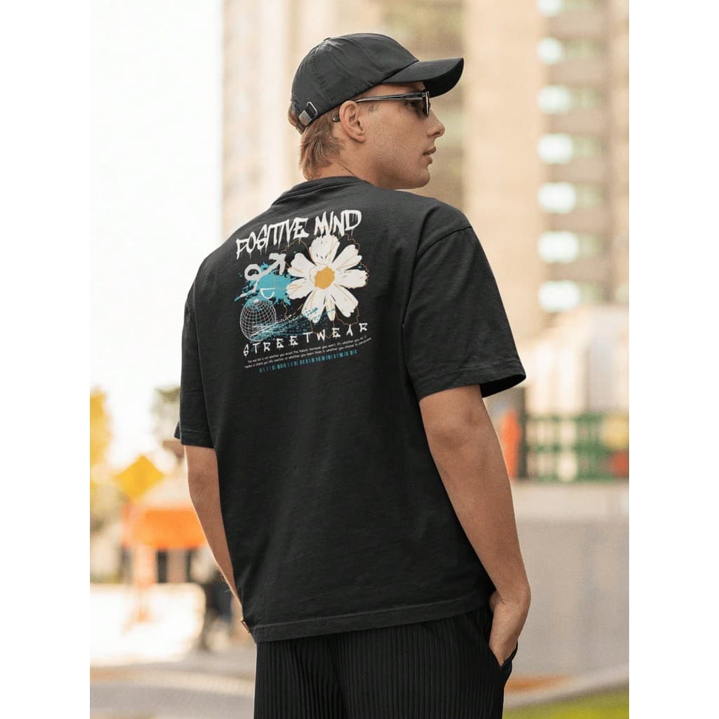 Camisa Camiseta Oversize Streetwear Masculino e Feminino Treino e Dia a Dia Preto e Off Whte Estampado - POSITIVE MIND