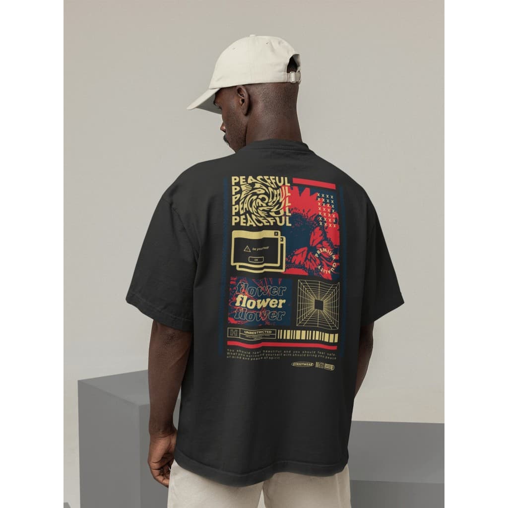 Camisa Camiseta Oversize Streetwear Masculino e Feminino Treino e Dia a Dia Preto e Off Whte Estampado - PEACEFUL