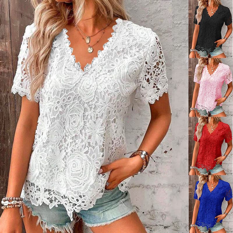 Nova Camiseta Elegante Com Decote Em V De Renda De Manga Curta