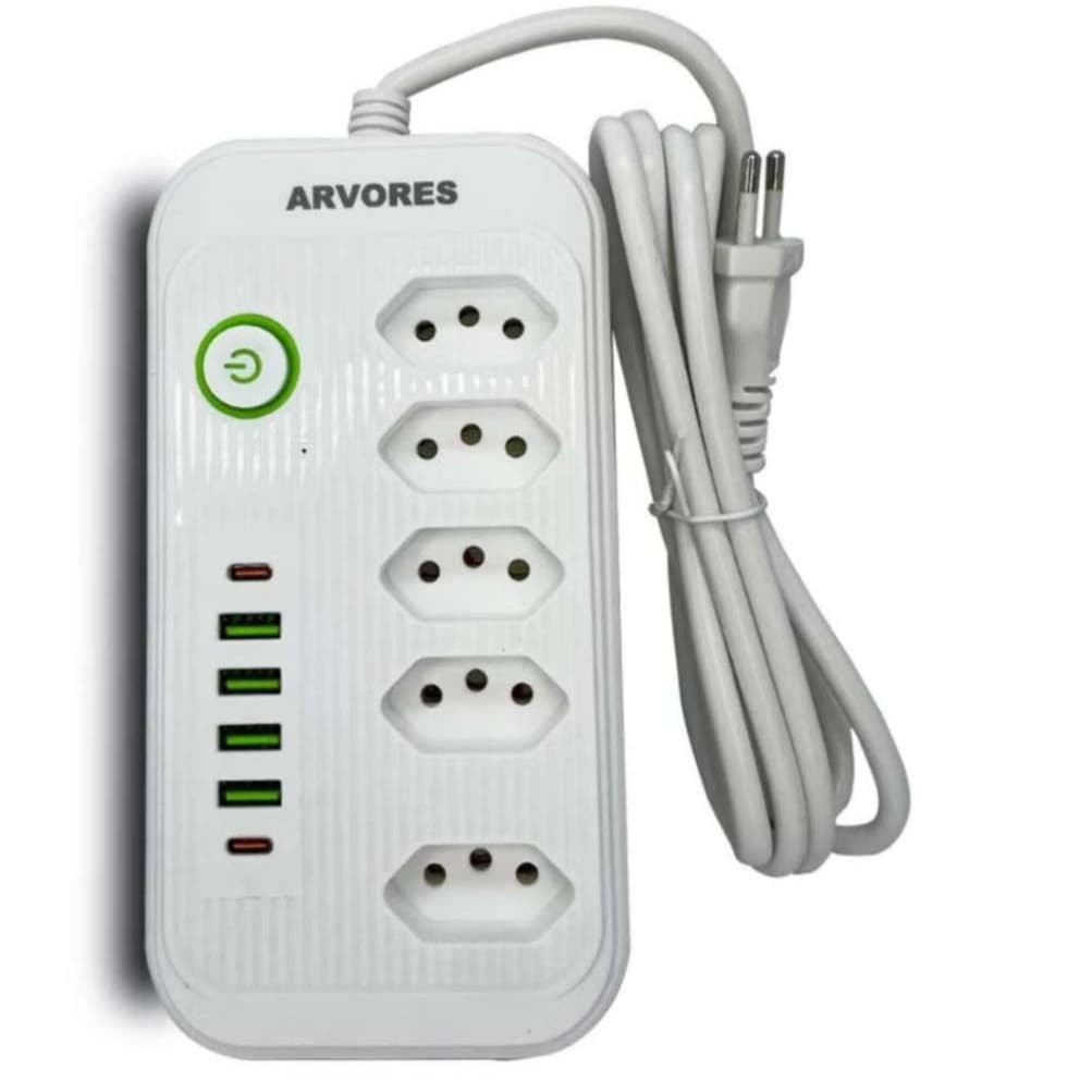 Filtro de Linha Régua Extensão com 5 Tomadas 4 Usb 2 tipo C Botão ON/OFF Cabo 2M Bivolt