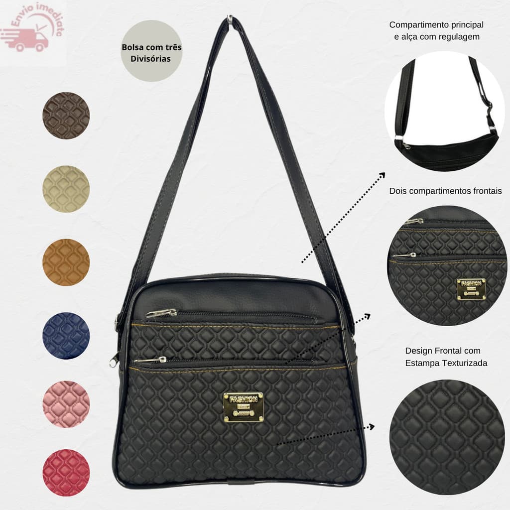 Bolsa Feminina de Lado Tiracolo Transversal Lateral Pequena 3 Compartimentos