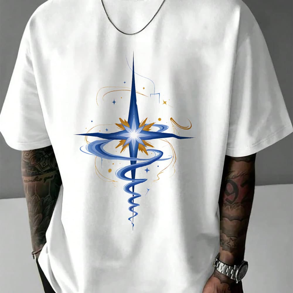 Camiseta Masculina Estampa Estelar Azul e Dourada Streetwear 2025 Novo