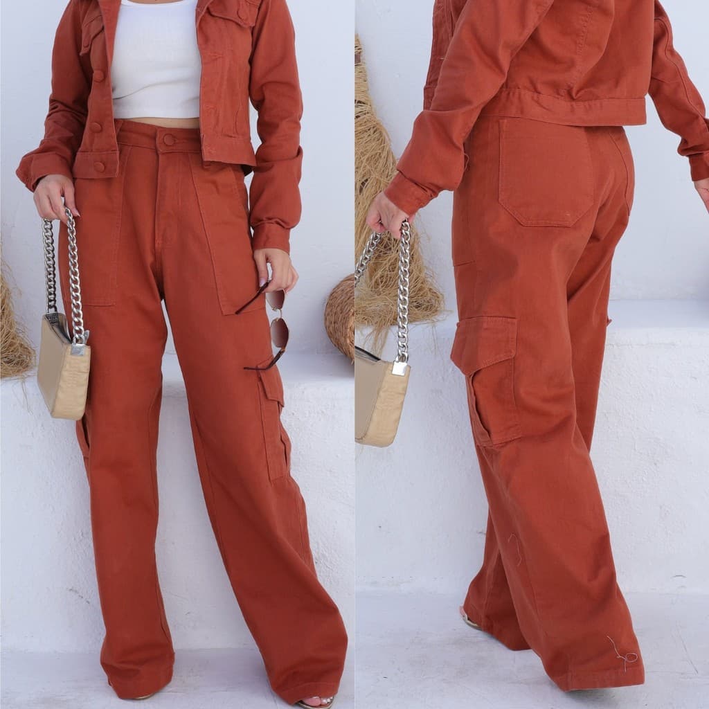 Calça Cargo Jeans Feminina Cintura Alta Wide Leg