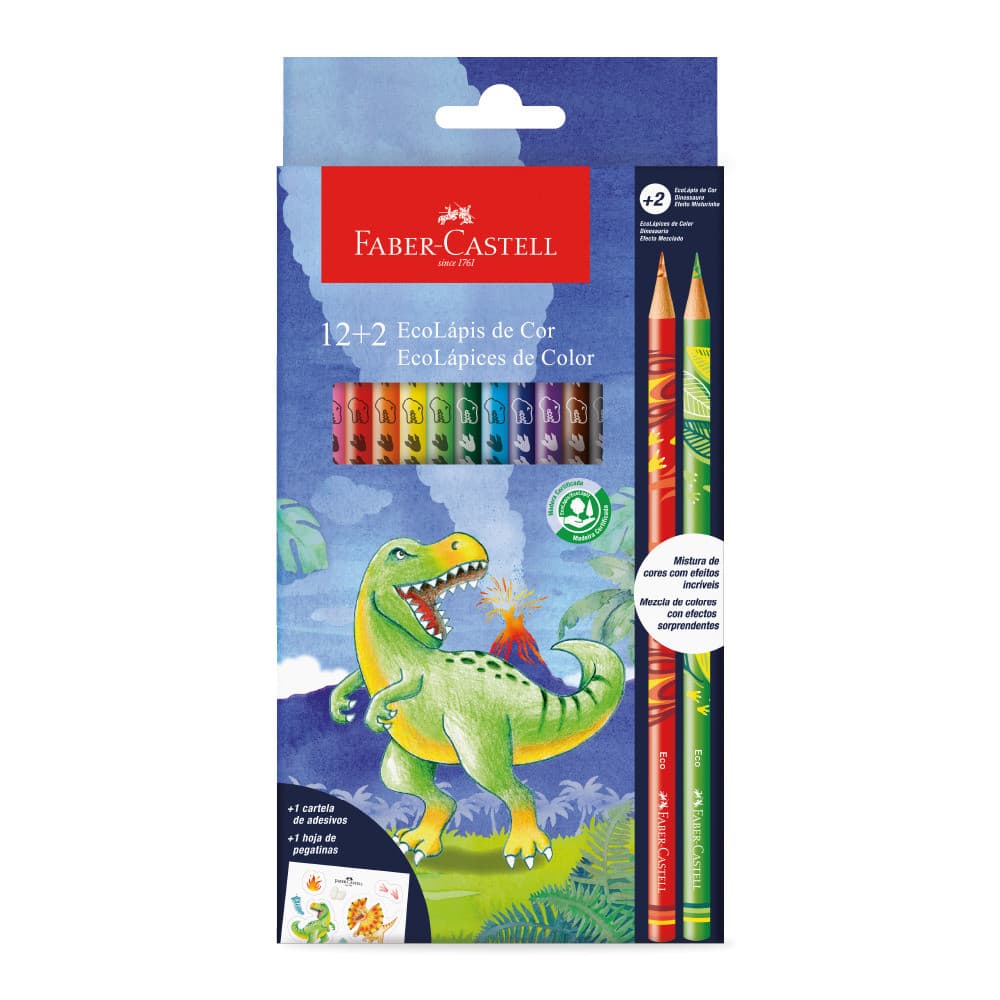 Lapis De Cor Faber-Castell Dinossauro 12 Cores + 2 Cores Misturinha