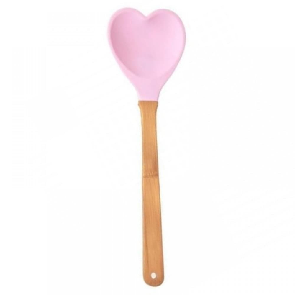 Colher de Silicone Formato Coração Rosa com Cabo em Madeira
