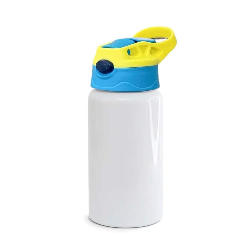 Squeeze de Alumínio Branco Infantil com Bico Automático, Tampa Azul e Alça Amarela para Sublimação - 500ml
