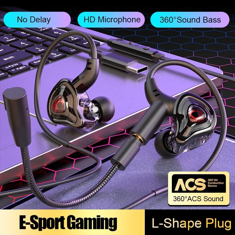 Fone de ouvido com fio Tipo C ou 3,5 mm In-ear HiFi Stereo com som, headset com microfone duplo, fone de ouvido para