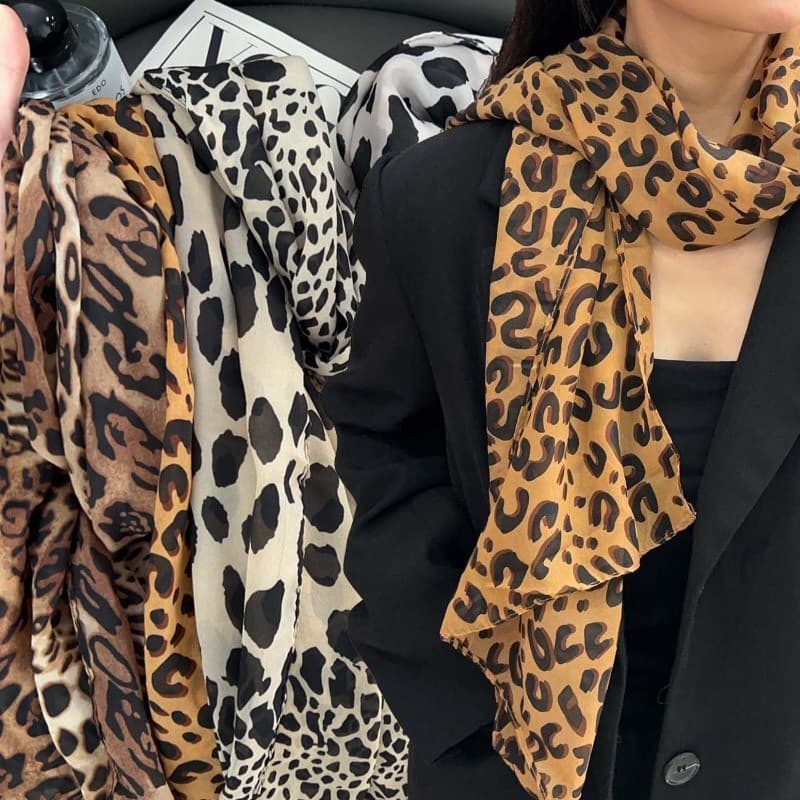 Lenço De Chiffon Com Estampa De Leopardo Retrô – Pescoço Bandana Macio Lenços De Seda Estampados Elegantes Xale Longo De