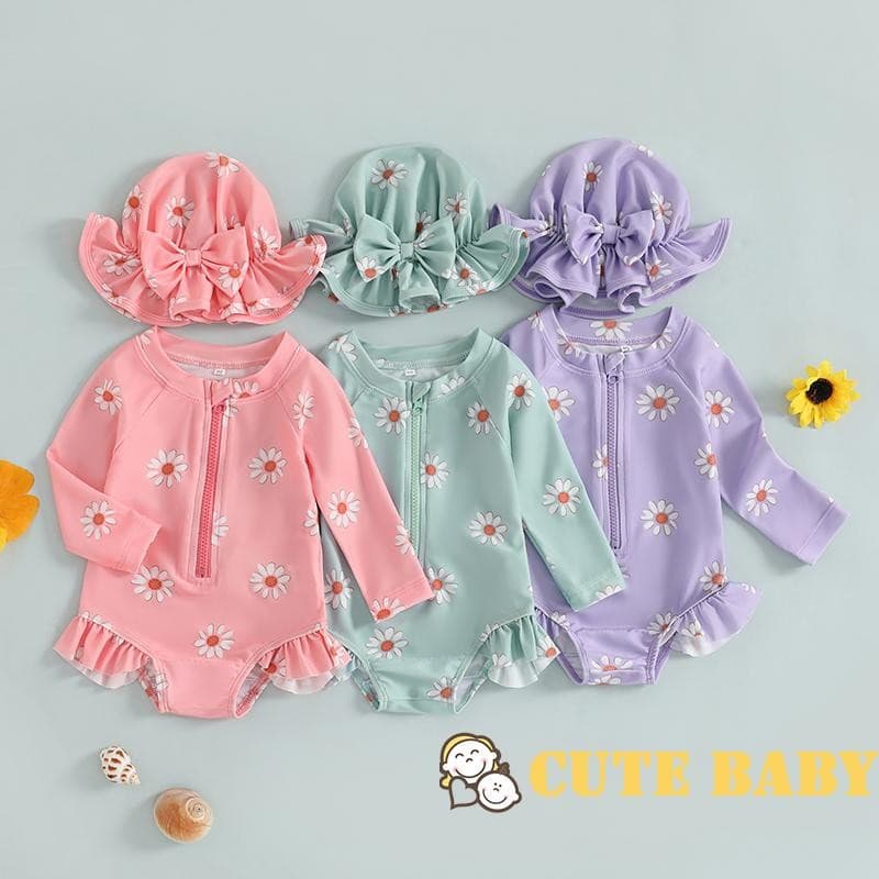 Maiô Infantil De Verão Para Bebê Meninas Manga Comprida Estampa Floral Zíper Roupa De Banho Com Chapéu,0-3 Anos