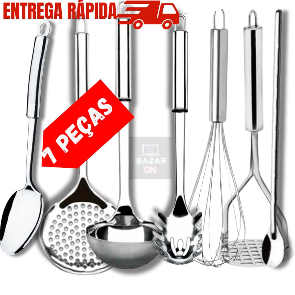 Kit Completo De Utensílios Cozinha Jogo Com 7  Peças Em Inox Conjunto Concha Escumadeira Espátula
