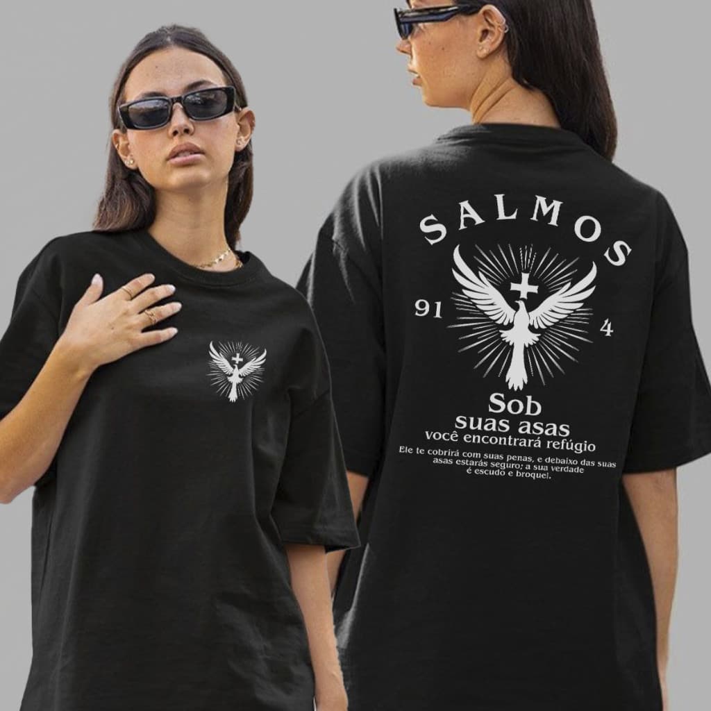 Camiseta T-Shirt Cristã 100% Algodão "Salmos 91:4" 2025