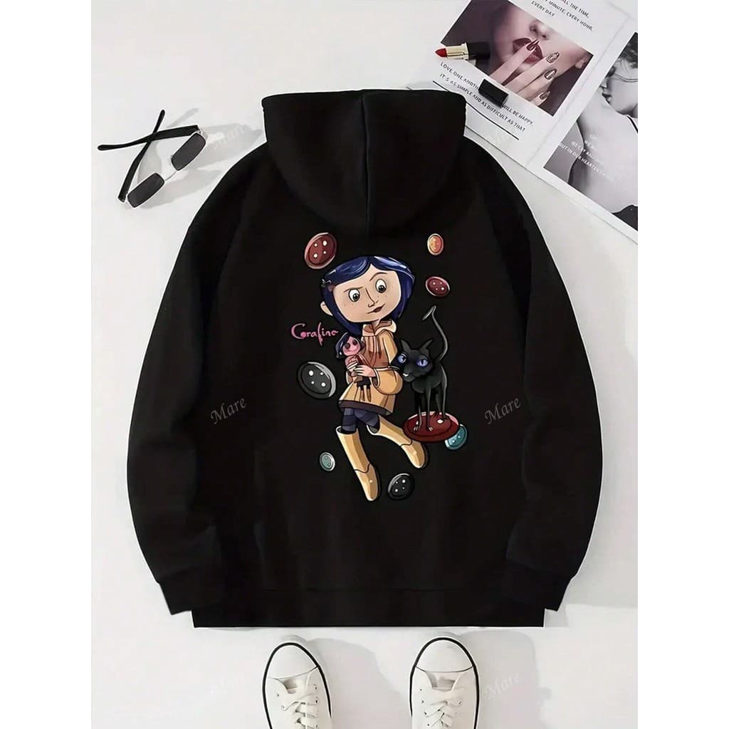 Blusa de Moletom Canguru com Capuz Unissex Coraline Caroline Preto Lançamento Envio Imediato