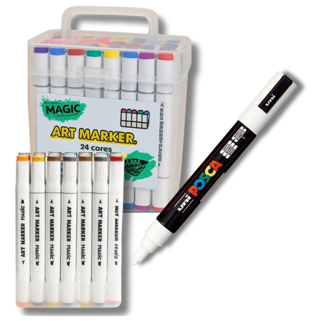 KIT CANETA TOUCH 24 CORES +  PINCEL MARCADOR ARTESANATO POSCA PC-3M FINE LINE BRANCA
