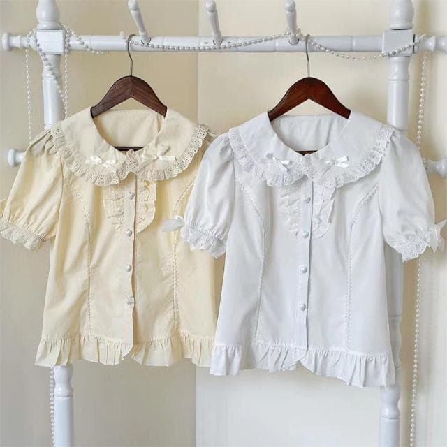 Bonito De Manga Curta Lolita Interior Feminino Verão Boneca Colar Puff Topo Branco