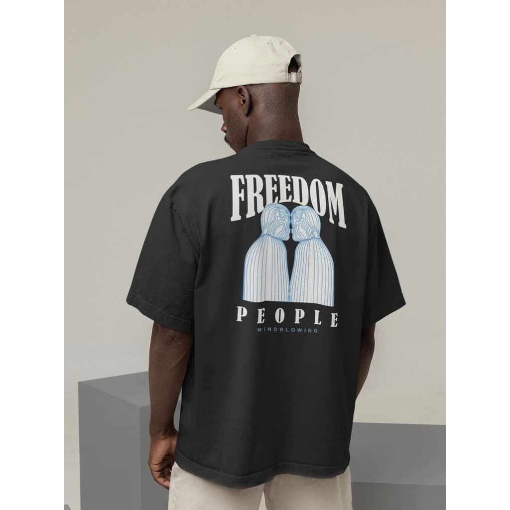 Camiseta Oversize Streetwear Masculino e Feminino 100% Algodão Treino e Dia a Dia Preto Off Whte Estampa FREEDOM PEOPLE