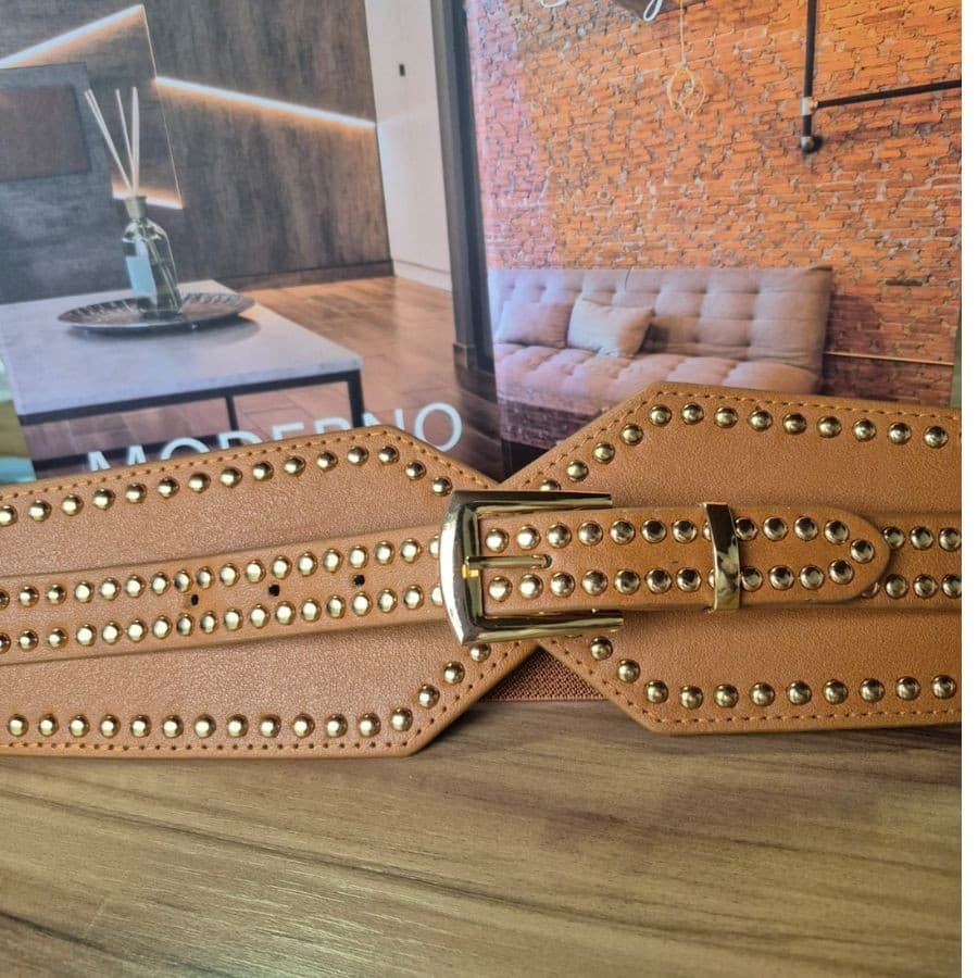 Cinto retro feminino largo Couro Bordado com Rebite VANESSA