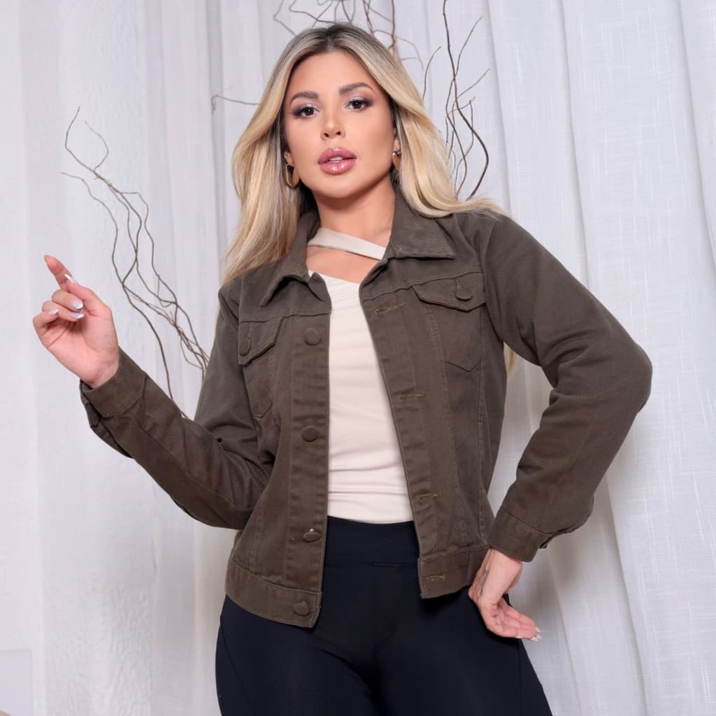 Jaqueta Jeans Feminina Casual com Barra Tradicional Botão Forrado Verde Militar