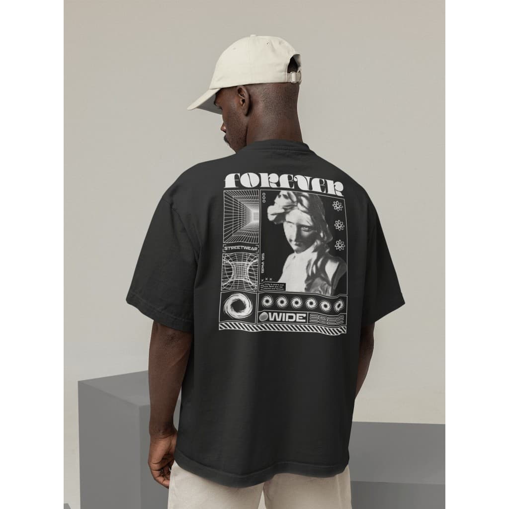 Camiseta Oversize Streetwear Masculino e Feminino 100% Algodão Treino e Dia a Dia Preto e Off Whte Estampado - FOREVER