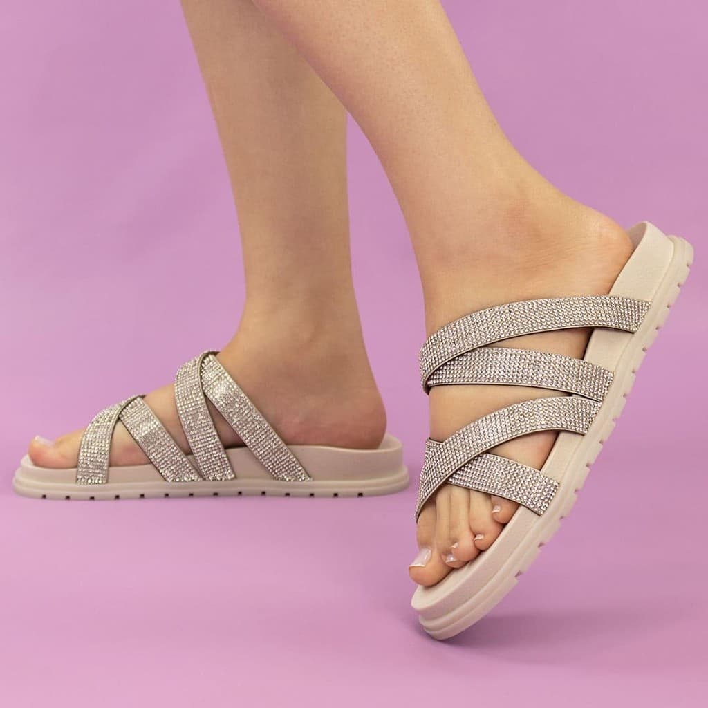 Papete Feminina Off White - Aurora Sandália Strass original Birker Leve Antiderrapante Luxuosa