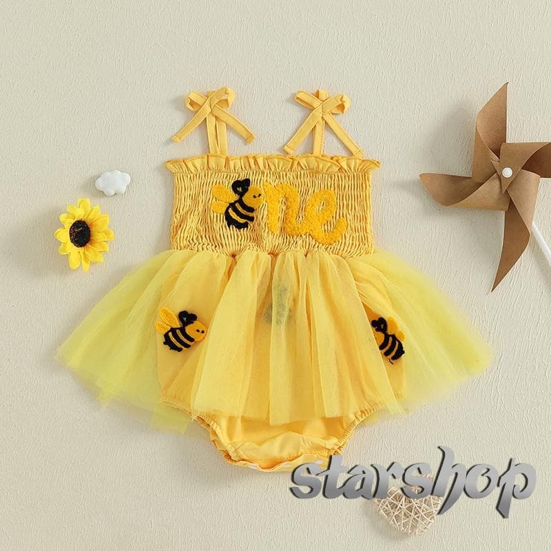 Starshop-Macacão De Aniversário Para Meninas , Vestido Casual Com Letras De Abelha , Bordado , Sem Mangas , Recém-Nascid