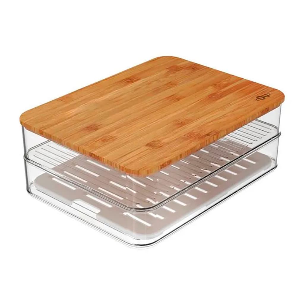 Porta Frios Duplo Tampa Bambu Natural Clear Fresh Transparente Organizador Geladeira Mesa Ou