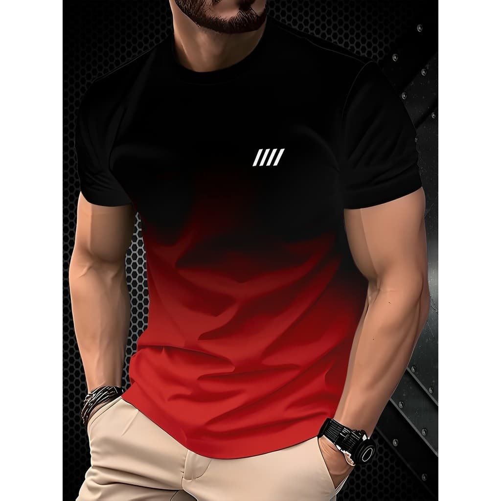 Camiseta Masculina Com Estampa Listrada Gradiente 3d – Manga Curta Casual , Roupa Externa De Verão