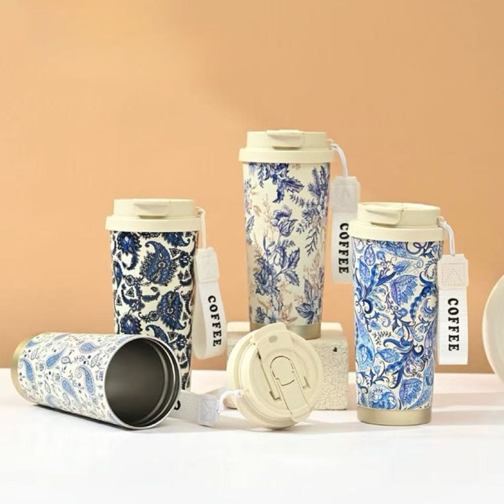 Copo Térmico 500ml Garrafa de Café de Aço Inoxidável Com Duplo Bico Estampa Elegante