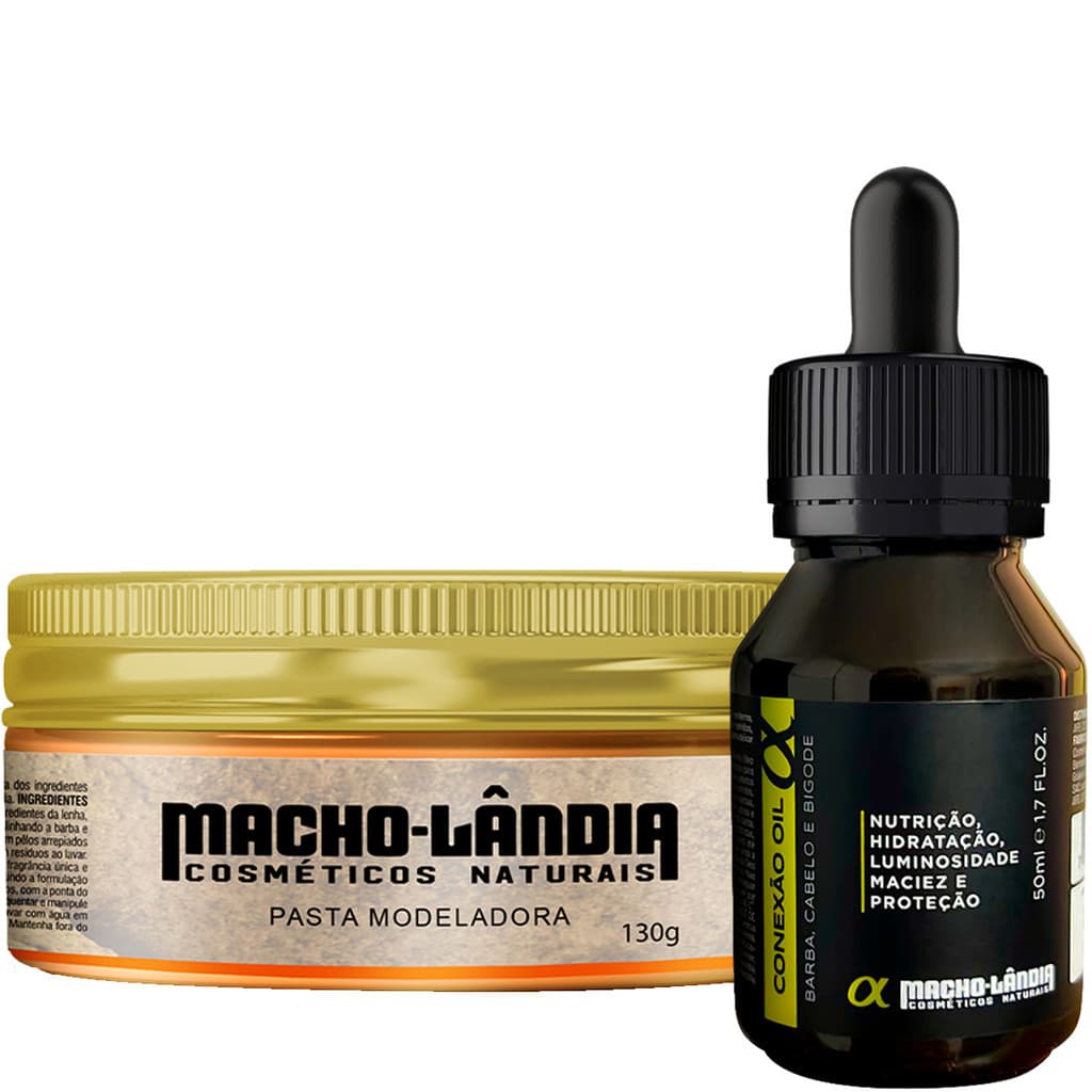 Kit Óleo Masculino para Barba Conexão Oil 50ml + Pomada Modeladora Macho-Lândia Pasta Fix 007 130g