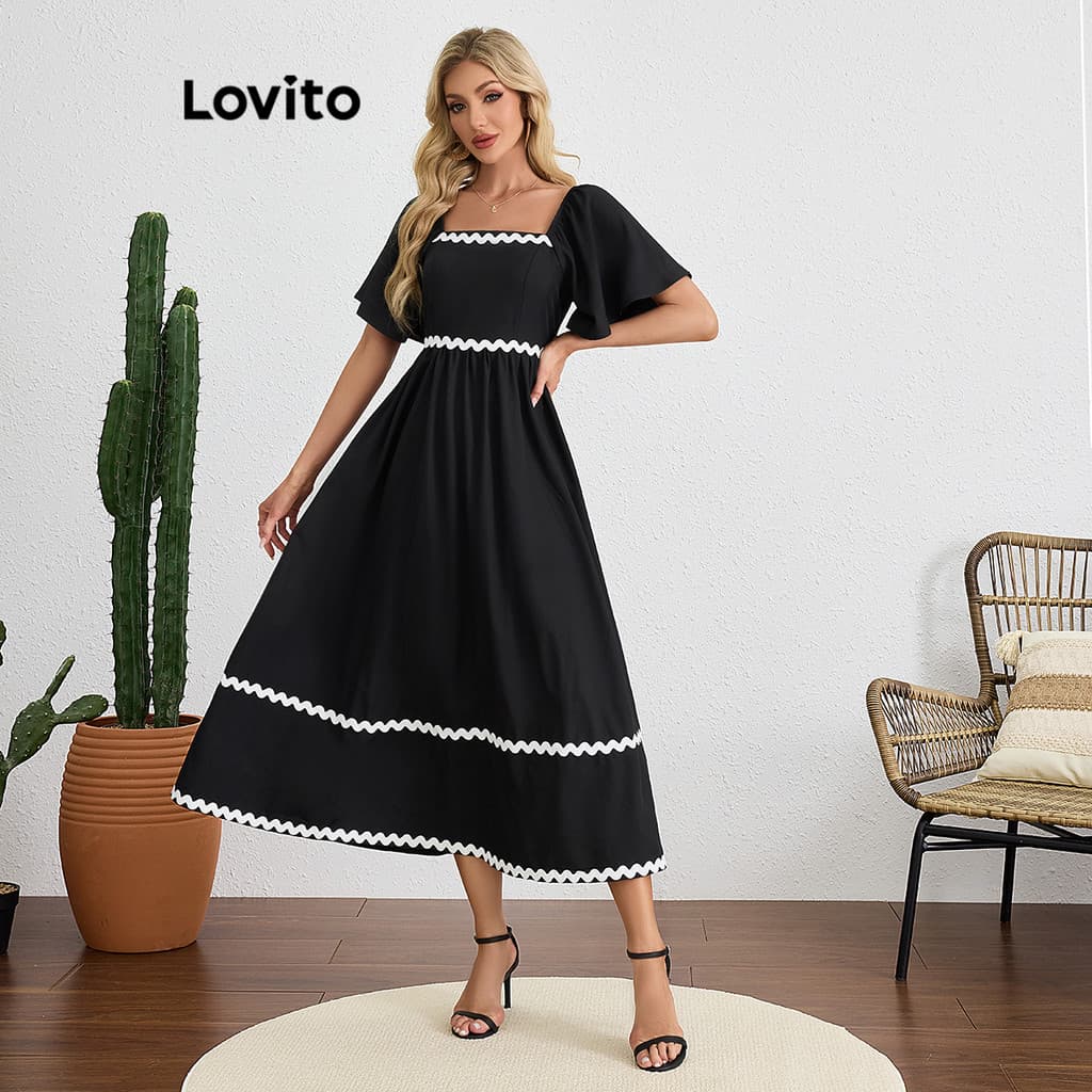 Lovito Casual Vestido Vestido Liso Com Babados E Fita Contrastante Longo Para Mulheres LBL19238